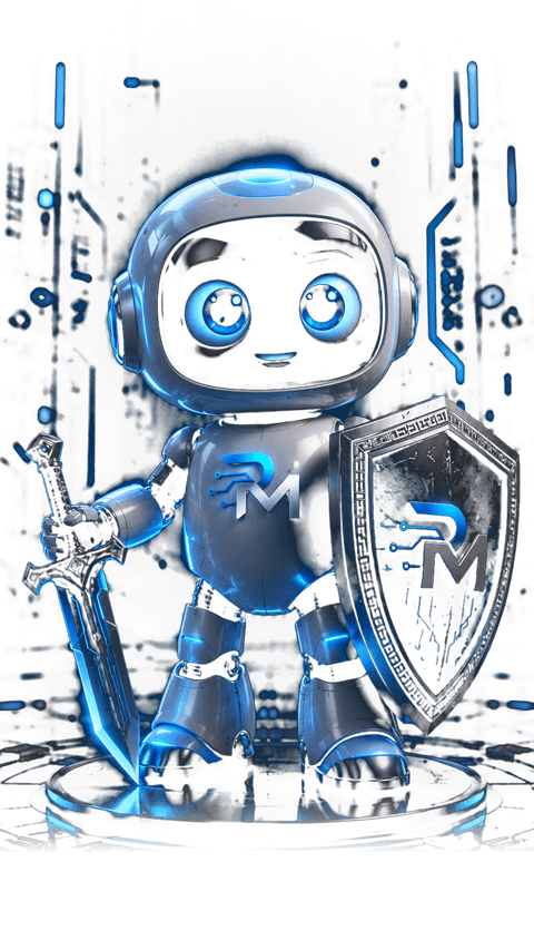 PM Bot, el robot consultor senior de RRHH de RRHH PRO: cuerpo blanco metalizado, ojos azules brillantes, escudo y sable de luz, de cuerpo entero.